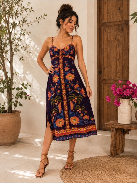 FARM Rio Dresses & Skirts - FARM Rio Purple Floral Midi Dress with Orange and Yellow Motifs